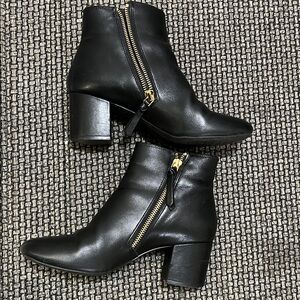 Cole Haan Black Leather Ankle Boots with Gold Zipper Accents